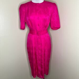 VTG Adrianna Papell Pencil Dress 6 Wiggle Button Silk Pink Belted 80s Paisley